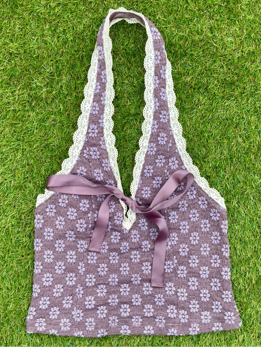 ECOTE Lavender Floral Lace Tie Halter Knit Tank Top Small